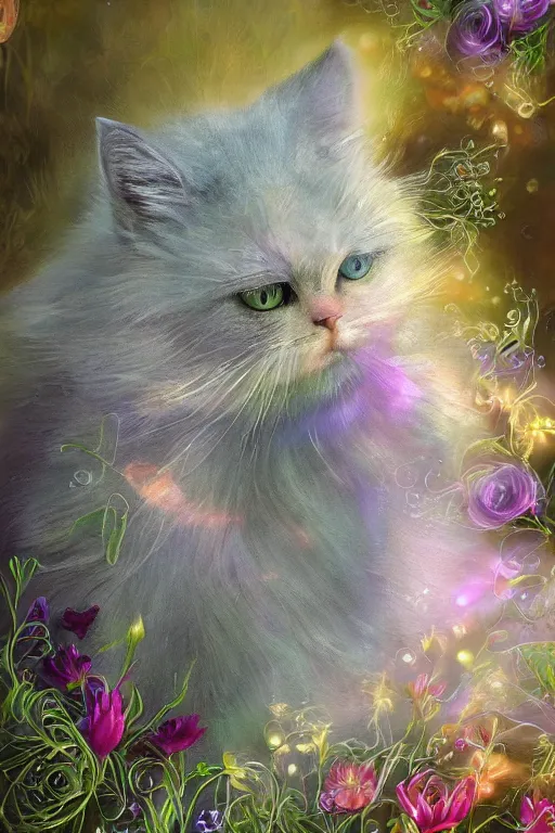 Prompt: elaborately detailed close up portrait of an extremely beautiful cat with very long white fur surrounded by flowers, an eerie mist and many ethereal rainbow bubbles, Art Noveau, Aetherpunk, atmospheric lightning, dreamscape maximized, high fantasy professionally painted digital art painting, smooth, sharp focus, highly detailed illustration highlights, backlight, golden ratio, 8K detail post-processing, symmetrical features, rich deep moody colors, dark epic fantasy, award winning picture, featured on DeviantArt, trending on cgsociety