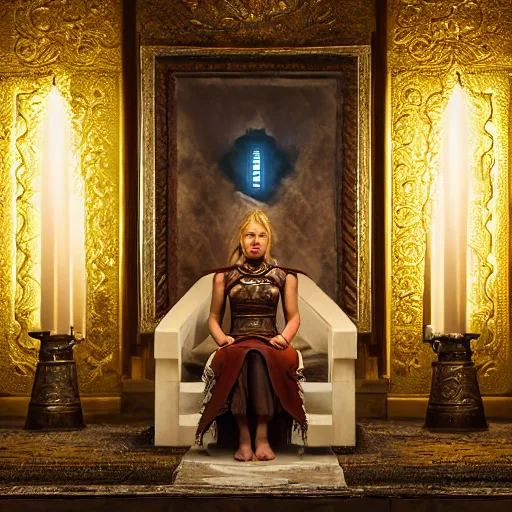 Prompt: the elder scrolls vi, charismatic regal blonde female jarl, portrait, exquisitely designed throne room, atmospheric lighting, painted, intricate, volumetric lighting, beautiful, daytime, slightly sunny weather, sharp focus, deep colours, ultra detailed, by leesha hannigan, ross tran, thierry doizon, kai carpenter, ignacio fernandez rios