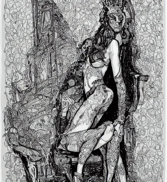 Image similar to salome full figure sitting on throne sketchbook ink drawing by james jean very detailed high contrast