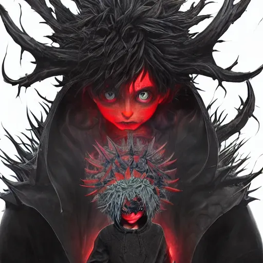 Image similar to demon boy, yokai boy with wild spiky hair, vantablack cloak, red eyes, ultra realistic, concept art, intricate details, eerie, highly detailed, photorealistic, octane render, 8 k, unreal engine. art by artgerm and greg rutkowski and charlie bowater and magali villeneuve and alphonse mucha