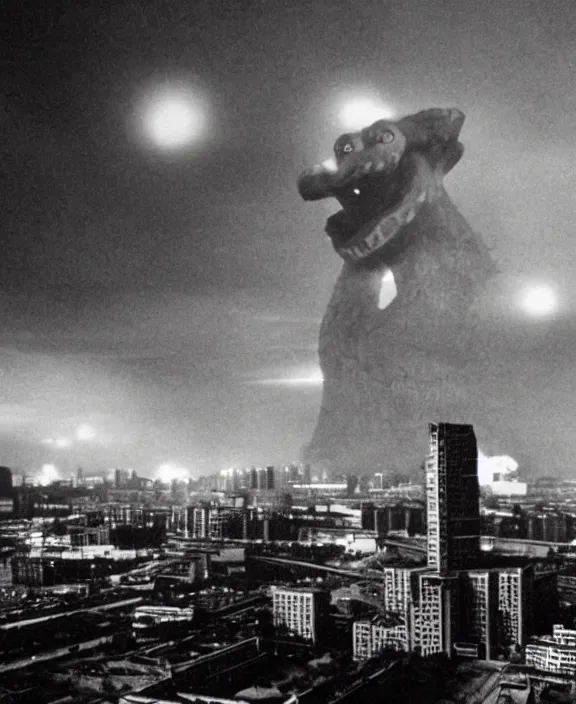 Image similar to Pulgasari the North Korean starfish monster destroying Pyongyang city, volumetric lighting, filmstill, produced by Kim Jong-il, Kodachrome, kaiju-eiga, monster movie, communist propaganda, film noir, 35mm film grain, Cooke Varotal 20-100mm T3.1, monochrome, in the style of Ishirō Honda and Akira Kurosawa