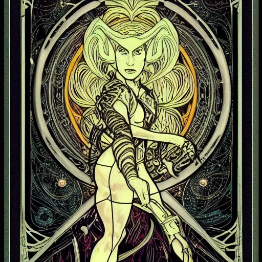 Prompt: a tarot card with Seven of Nine the Borg from star trek, art nouveau, amazing details, intricate details, beautiful , black paper, fractal system circuit , in the style of Alphonse Mucha,