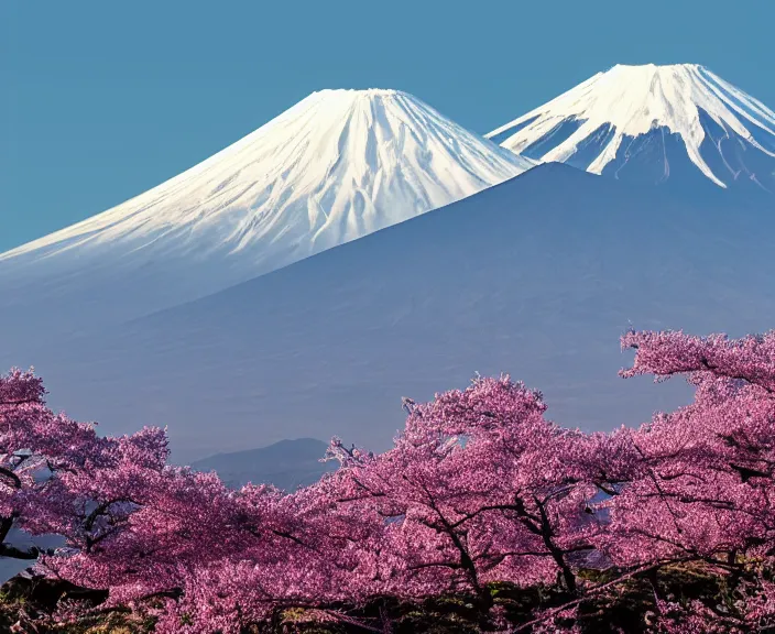 Prompt: 4 k hd, high detail photograph of mount fuji, spring, shot with sigma f / 4. 2, 2 5 0 mm sharp lens, wide shot, consistent, volumetric lighting, high level texture render