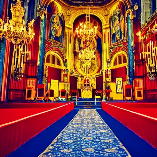 Image similar to a church with a red carpet and chandeliers, a colorized photo by pacita abad, shutterstock contest winner, baroque, sanctuary, ornate, colorized