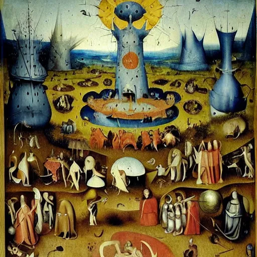 Image similar to Among Us impostor sus in Garden of Earthly Delights by Hieronymus Bosch
