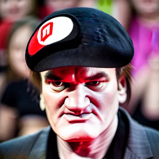 Image similar to quentin tarantino in a mario hat, extremely detailed, closeup photography,