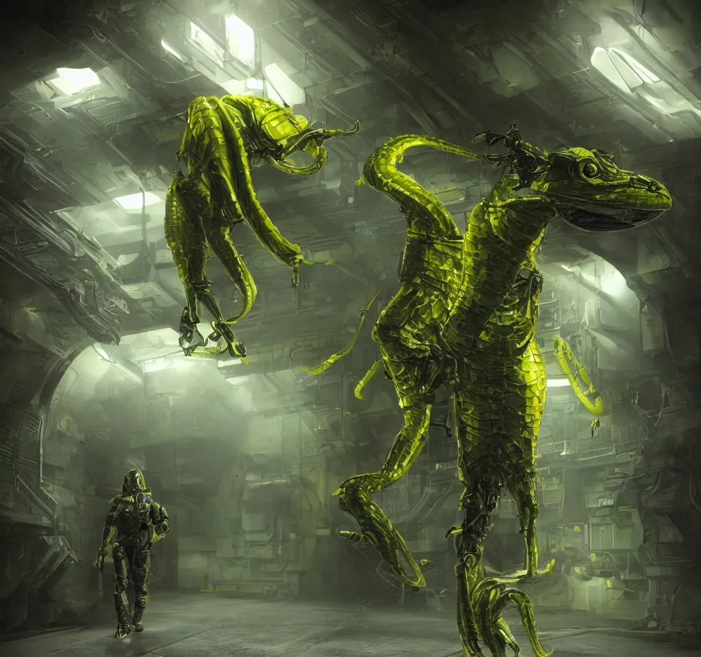 Prompt: Green and yellow biped Lizard reptilian in leather armor super muscular with a long tail. Walking down the halls of a spaceship with mechanical parts and pipes steaming. Studio lighting backlit, Colorful, hyperrealistic, cgsociety, octane render, 8k, realistic depth, spaceship hallway, dramatic pose, armed guards, futuristic, humanoid, sci-fi hallway, cinematic lightning, medium shot, mid-shot, highly detailed, trending on artstation, Unreal Engine 4k, cinematic