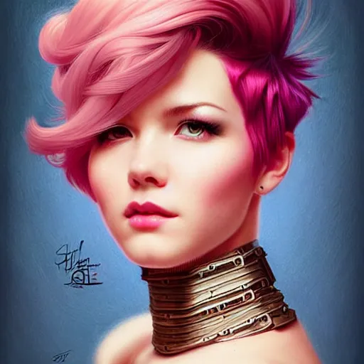 Image similar to head and shoulders portrait of VI of League of Legends, pink short hair, sidecut hairstyle, steampunk acessoires, illustration, medium shot, intricate, elegant, highly detailed, digital art, sharp lines, ffffound, art by gil elvgren and sachin teng