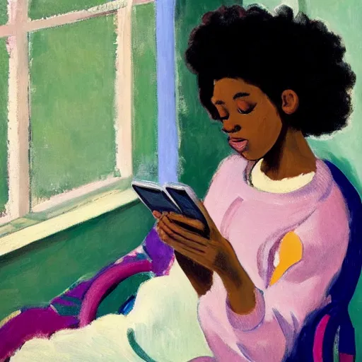 Prompt: early morning. a young ebony with afro hair wearing a wearing a cozy hoodie is texting on her smartphone. sunlight is entering through the window and beautifully lighting the face. depth of field, backlit, closeup, oil on canvas, art by henri matisse 1 9 4 4, in the style of dance by henri marisse, 1 9 1 0, smooth, fauvism, 2 k