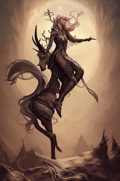 Prompt: a full body portrait of elven witch on armored unicorn, elven art nouveau decorations, fantasy, sharp focus, intricate, elegant, digital painting, artstation, matte, highly detailed, concept art, illustration, ambient lighting, art by peter mohrbacher, johannes voss, artgerm