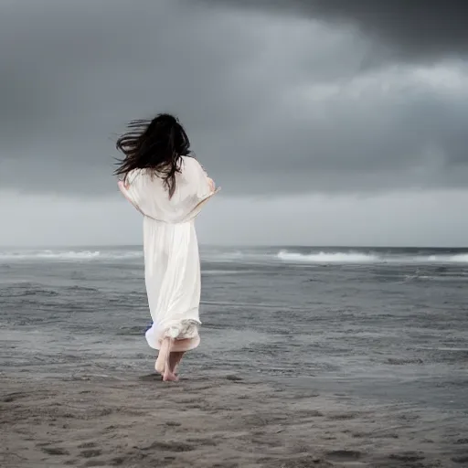 Prompt: A beautiful sad and visibly melancholic woman walking over the ocean. tumultuous sea. cloudy. wavy hair. wavy long white dress. 24mm lens. shutter speed 1/30. iso 250. f/5.6 W-1024 .n6