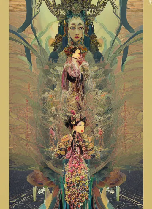 Prompt: portrait full three kingdom breathtaking detailed concept art painting art deco pattern of birds goddesses amalmation flowers head thibetan temple, by hsiao ron cheng, tetsuya ichida, bizarre compositions, exquisite detail, extremely moody lighting, 8 k, art nouveau, old chines painting, art nouveau