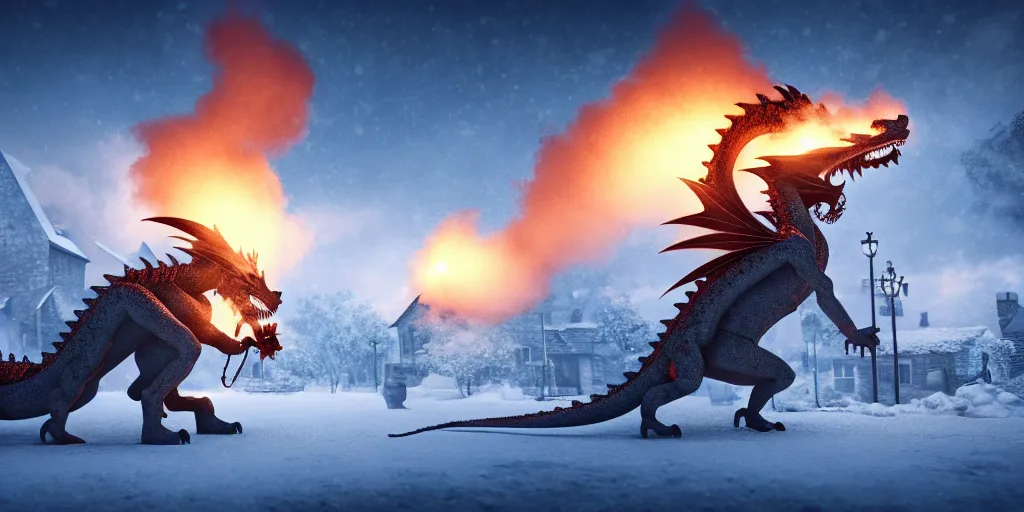 Prompt: a dragon made of smoke attacking a village in winter, realistic, 4k, cinematic