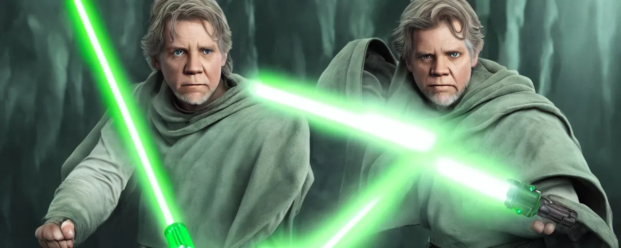 Image similar to Hyper realistic Jedi master Luke Skywalker with green lightsaber based on the last Jedi, 4K