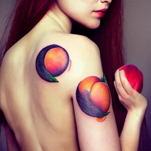 Prompt: Beautiful clothed woman holding a peach, seen from the back, intricate tatoos, digital art by WLOP and Artgerm