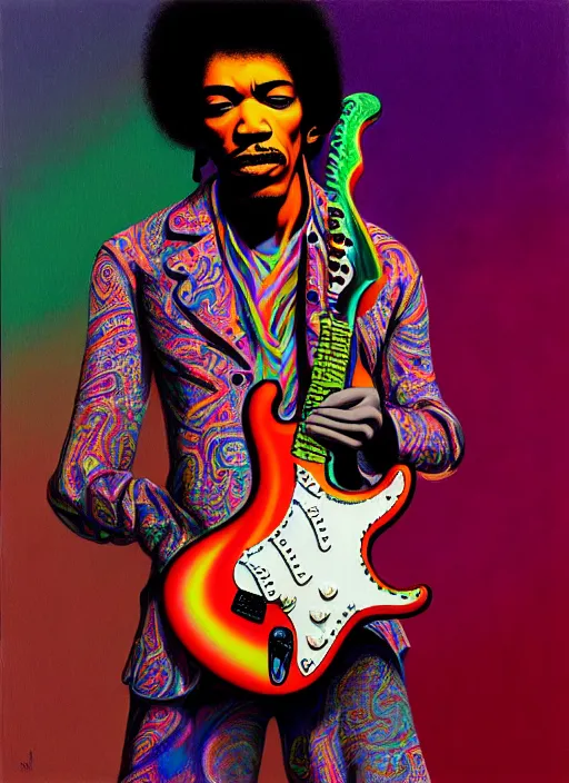 Image similar to hyper detailed 3d render like a Oil painting - Jimi Hendrix aerochrome and milky Fruit playing a white left-handed stratocaster guitar with his teeth, iridescent paisley patterns by Jacek Yerka, Ilya Kuvshinov, Mariusz Lewandowski, Houdini algorithmic generative render, Abstract brush strokes, Masterpiece, Edward Hopper and James Gilleard, Zdzislaw Beksinski, Mark Ryden, Wolfgang Lettl, hints of Yayoi Kasuma, octane render, 8k