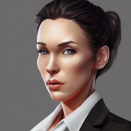 Prompt: a woman wearing a business suit, highly detailed, digital painting, artstation, concept art, smooth, sharp focus, illustration