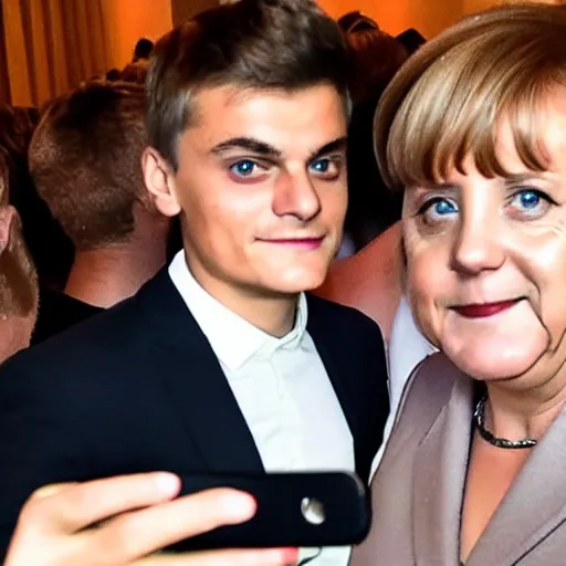 Prompt: martin garrix taking a selfie with angela merkel