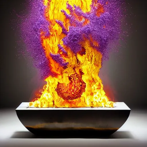 Prompt: beautiful intricately detailed unsettling objects that make me feel scared made of liquid mercury and exploding liquid nitrogen, in a vibrant fine detailed modern fine art style by Marc Quinn and Damien Hirst with bright huge fireball explosions of colourful violet and gold flame and holi powder