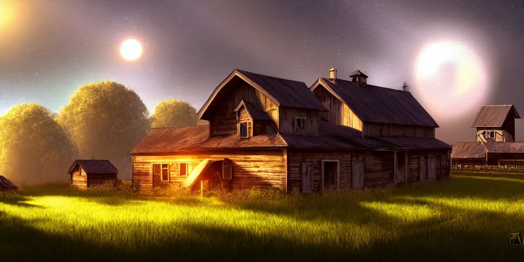 Prompt: farmhouse in a ringworld, digital art, trending on artstation, focus on farmhouse, 4 k, high detail