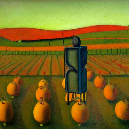 Image similar to an orchard for growing robots, grant wood, pj crook, edward hopper, oil on canvas