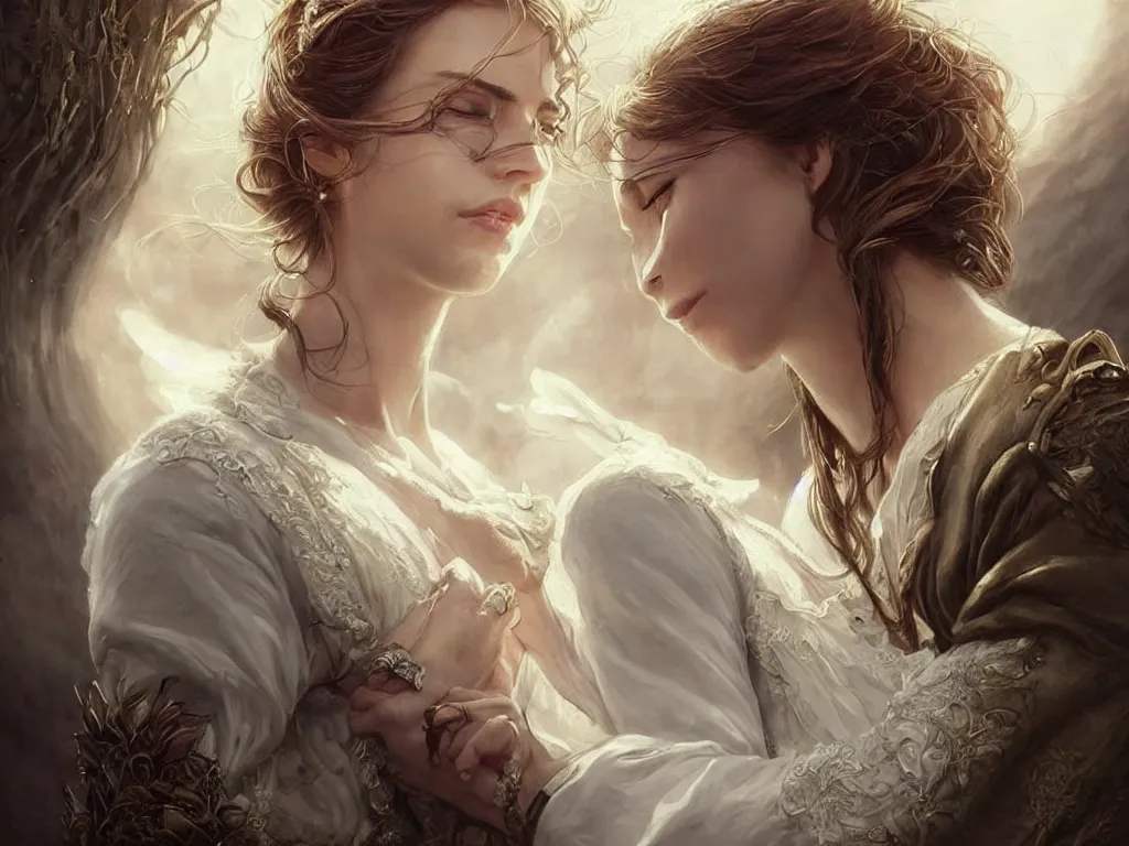 Image similar to beautiful woman in a white blouse hugging an prince, goddess, blurry castle backround, sunny, fine art, awesome fantasy book cover on Pinterest, award winning, dark fantasy landscape, fantasy magic, intricate, elegant, sharp focus, cinematic lighting, highly detailed, digital painting, concept art, art by WLOP and Artgerm and Greg Rutkowski, masterpiece, trending on artstation, 8K