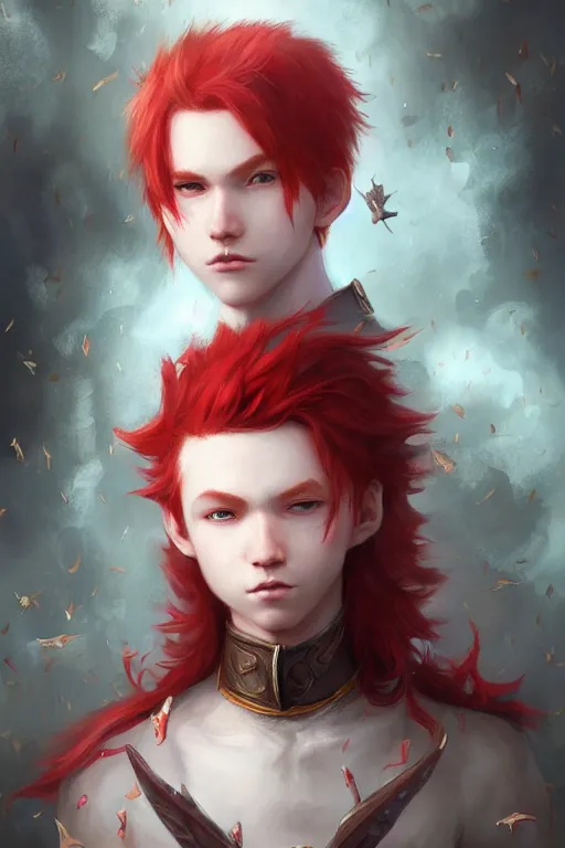 Image similar to young fairy prince, red hair, white eyes, highly detailed, d & d, fantasy, highly detailed, digital painting, trending on artstation, concept art, sharp focus, illustration, art by artgerm and greg rutkowski and fuji choko and viktoria gavrilenko and hoang lap