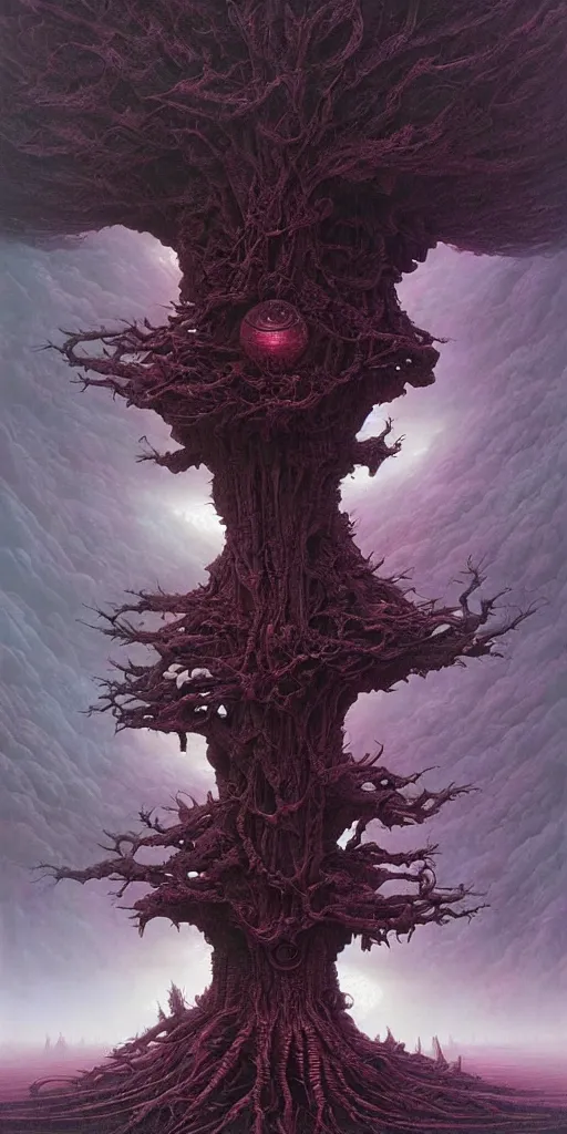 Image similar to landscape, alien tree of life, cyberpunk, sci fi, horror, monstrous, highly detailed, complex, intricate, matte painting, cinematic, by rhads and mohrbacher and zdzislaw beksinski,