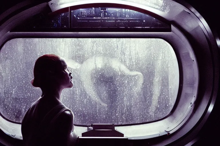 Image similar to a cinematic portrait of an alien creature, inside of spaceship looking out of a small rainy window, beautiful lighting, high depth, ultra realistic, artistic, by annie leibovitz and zack snyder