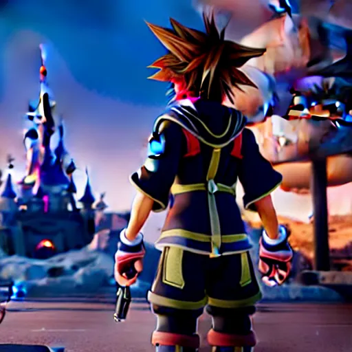 Image similar to Kingdom Hearts 3 as a First Person Shooter game, Sora with a gun, Fallout 4 inspired screenshot of kingdom hearts 3, uhd 4k, unreal engine 4, stunning visuals with rtx on, trending on artstation, Disney Square Enix and Fortnite Crossover