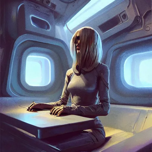 Image similar to concept art by greg rutkowski, a very tall, and slender blonde woman, wearing blue utilitarian jumpsuit, sitting in the spaceship command bridge, brutalist futuristic interior, dark lighting atmosphere, detailed portraits, nostalgic atmosphere, scifi, digital painting, artstation, concept art, smooth, sharp foccus ilustration, artstation hq