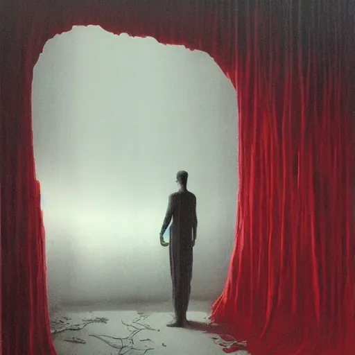 Prompt: behind red curtains, dark, dystopian, capitalism, behind the scene, by rokas aleliunas and zdzisław beksinski