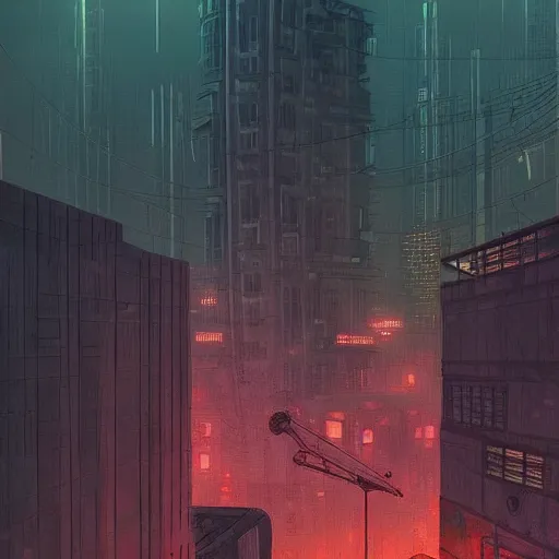 Prompt: cityscape of cyberpunk warsaw, dystopian, ethereal lighting, night time, haze, josan gonzales