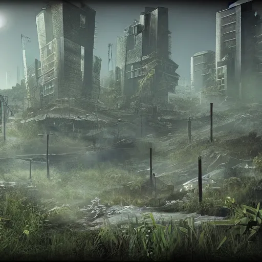 Prompt: post-apocalyptic solarpunk landscape, 4k, in the style of Valve, overgrown, rundown