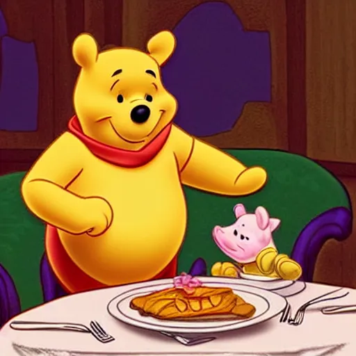 Image similar to Winnie the Pooh invites Tiger and Piglet to dine in a very fancy restaurant.