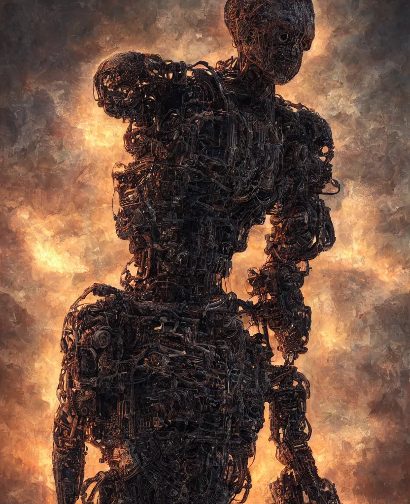 Prompt: hyperrealistic mixed media painting of a humanoid terminator floating in lava, stunning 3d render inspired art by Barry Windsor-Smith + perfect body symmetry + dim volumetric lighting, 8k octane beautifully detailed render, post-processing, extremely hyperdetailed, intricate futuristic mechanic parts, epic composition, grim yet sparkling atmosphere, cinematic lighting + masterpiece, trending on artstation