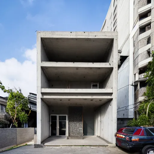 Image similar to exterior shot of a brutalist concrete house in the middle of a busy asian market