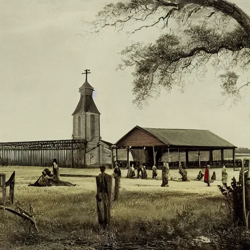 Image similar to 1 9 th century southern gothic scene of a religious gathering, louisiana, bayou in the background, old white wooden church