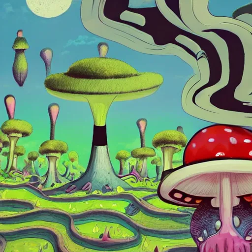 Image similar to 4 k headshot portrait of a psychedelic demonic anthropomorphic bunny rabbit with mushroom themed clothes, magic mushroom village in background. award winning, stylized neon, post - processing, masterpiece, superb resolution. in the art style of junji ito and greg rutkowski. detailed mushroom city in background. hyper realistic anime. perfect art. dalle 2