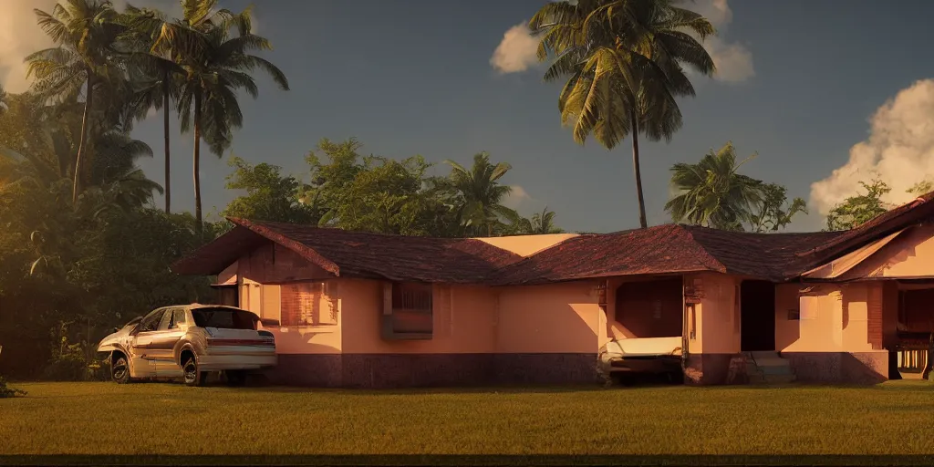 Image similar to a spaceship parked infront of a house in a kerala village, diffuse light, octane render, 4k, matte painting, cinematic