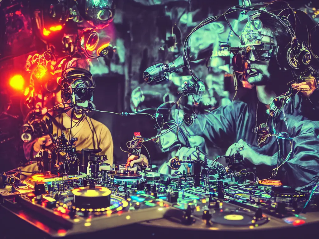 Prompt: a person wearing goggles and visor and headphones using a steampunk record player contraption, wires and tubes, turntablism dj scratching, intricate planetary gears, cinematic, imax, sharp focus, leds, bokeh, iridescent, black light, fog machine, hazy, lasers, hyper color digital art, cyberpunk