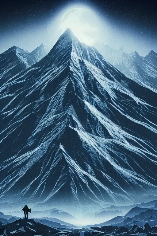 Prompt: digital matte fantasy dreamy mountain scape dark tones snow cyber glitch geometrieva futuristic moonlight, artstation, behance, 8 k by alex grey