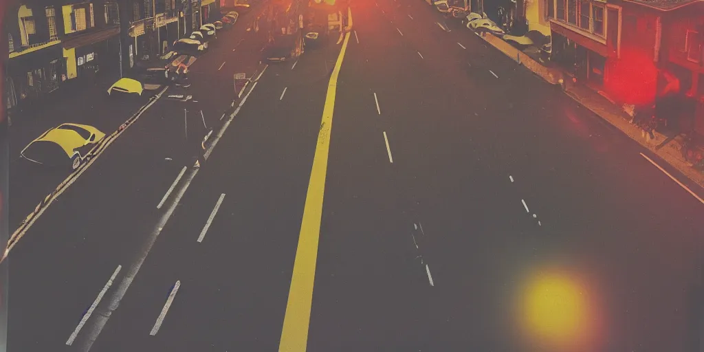 Prompt: analog polaroid photograph of a street with white and yellow road markings seen from directly above, high perspective, red color bleed, film grain, bokeh, lensflare, depth of field