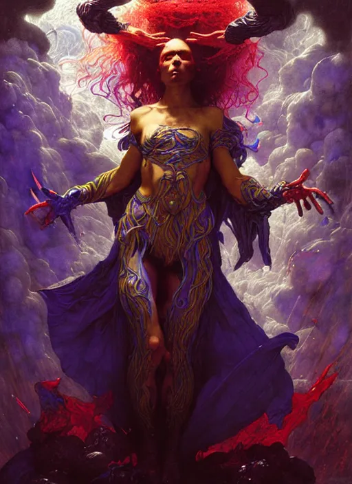 Image similar to wizard casting acid splash, dnd character art portrait, intricate fantasy painting, dramatic lighting, vivid colors, deviantart by edgar maxence and caravaggio and michael whelan and delacroix.