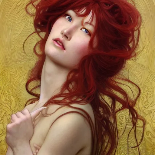 Image similar to portrait of Asuka Soryu with red long wavy hair drawn by Donato Giancola and Tom Bagshaw and Julie Bell, face by Artgerm, overall design by Alphonse Mucha, background by James Jean and Gustav Klimt, 4k, porcelain skin, komorebi, french nouveau, trending on artstation, octane render, hyperrealistic