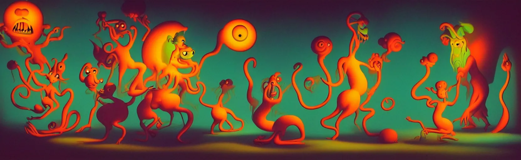 Image similar to whimsical unanny creatures from the depths of the collective unconscious, dramatic lighting, surreal fleischer cartoon characters