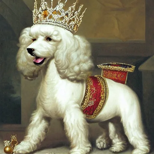 Prompt: portrait of a white poodle as an italian queen, painting by rafael