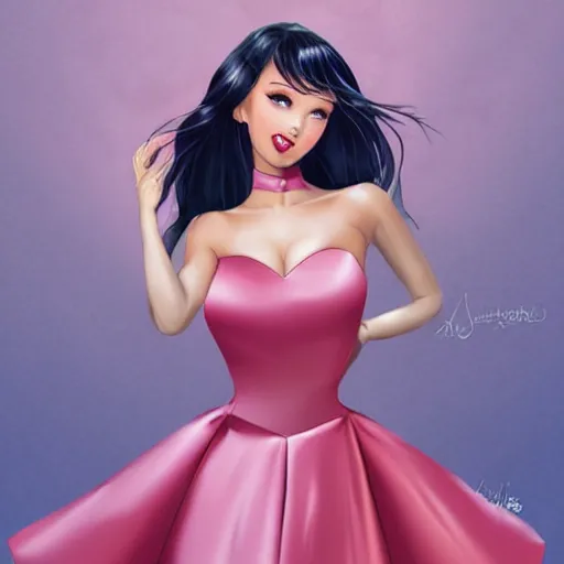 Prompt: very very very beautiful princess in a skintight satin prom dress smiling flirty eye contact, drawn by artgerm