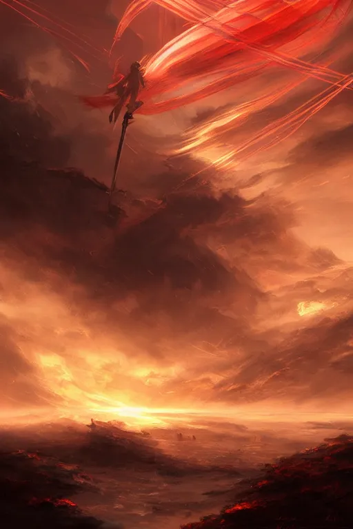 Image similar to breathtaking digital painting of swords flying in golden clouds, numerous blades in dynamic movement, strokes of mist and scarlet ribbons, german romanticism style, volumetric lighting, concept art, matte, sharp focus, art by celestialfang, matchach, juanmao, dustin panzino, trending on artstation