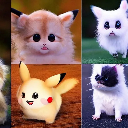 Image similar to real life pokemons, cute!!!, content!!!, mischievous!!!, adorable!!!, little furballs, fluffy!!!, ultra realistic!!!, golden hour, golden ratiosharp focus